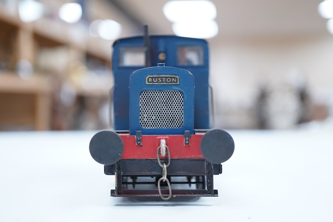A narrow gauge scratch built model railway locomotive running on 32mm track by John Worsley, a Ruston 0-4-0 diesel shunter, 7, a detailed model with sprung buffers, etc. and fitted with a Mashima 12v dc motor, for two ra